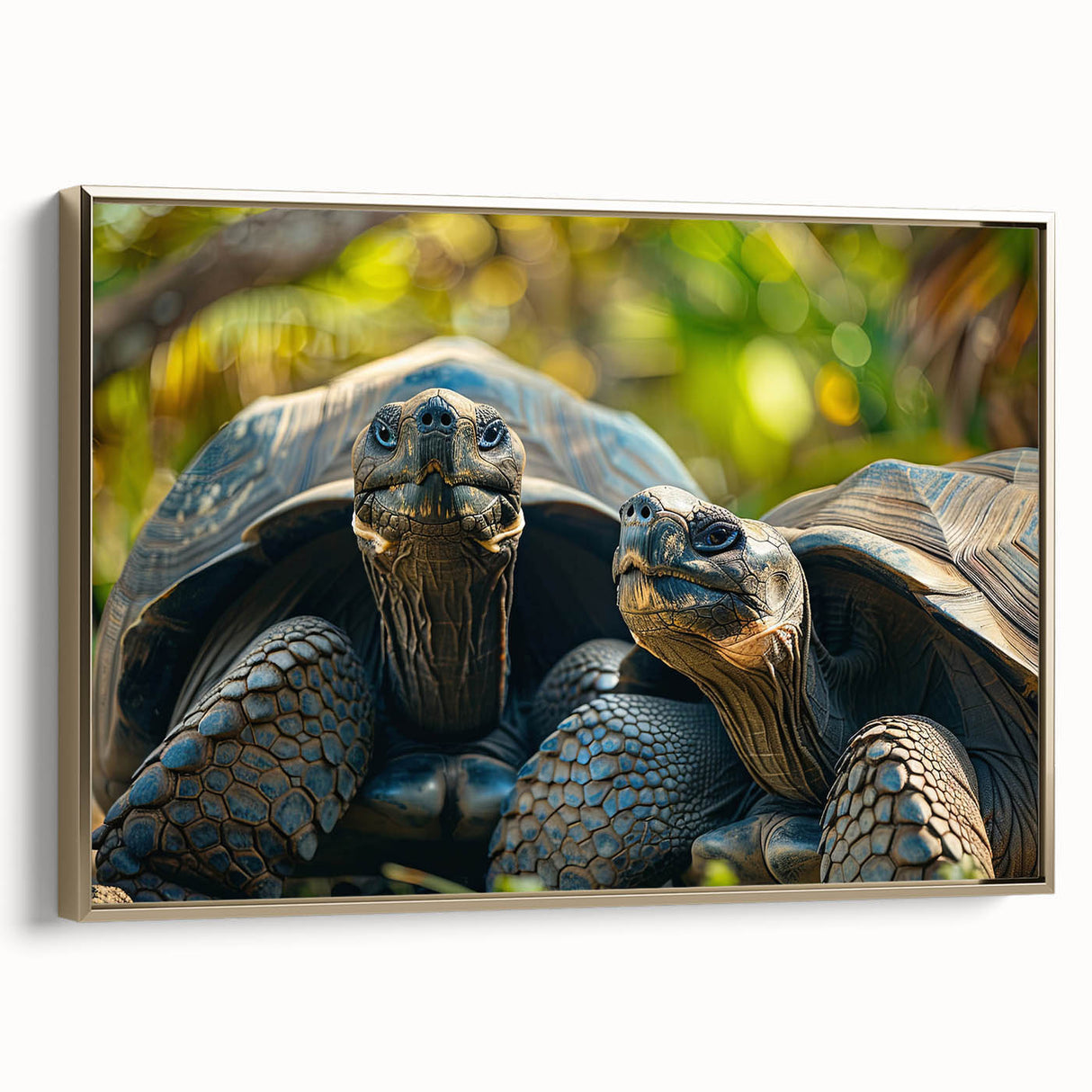 Framed canvas wall art depicting a serene Seychelles landscape in muted gold and blue tones, ideal for bedroom decor.