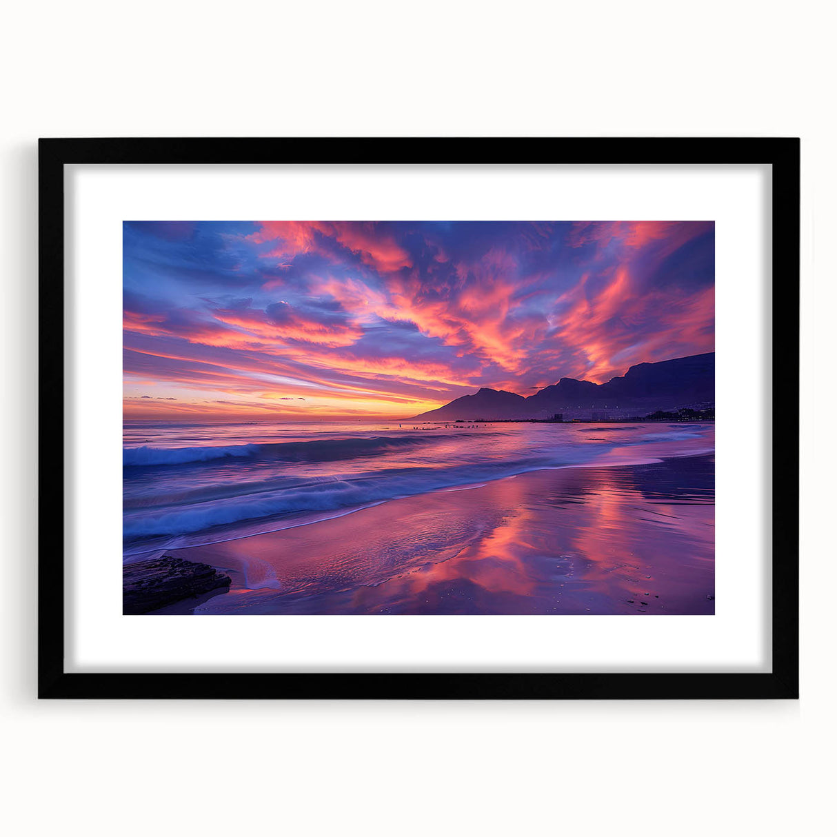 Extra large abstract art print depicting a colorful, textured African scenery on a framed black canvas.
