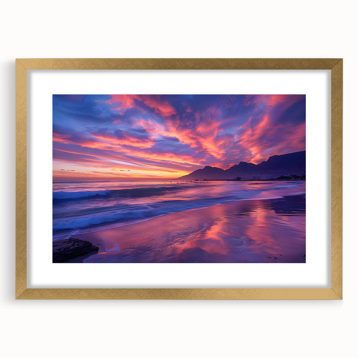 Extra large abstract art print of African scenery in textured gold frame, ideal for living room decor.