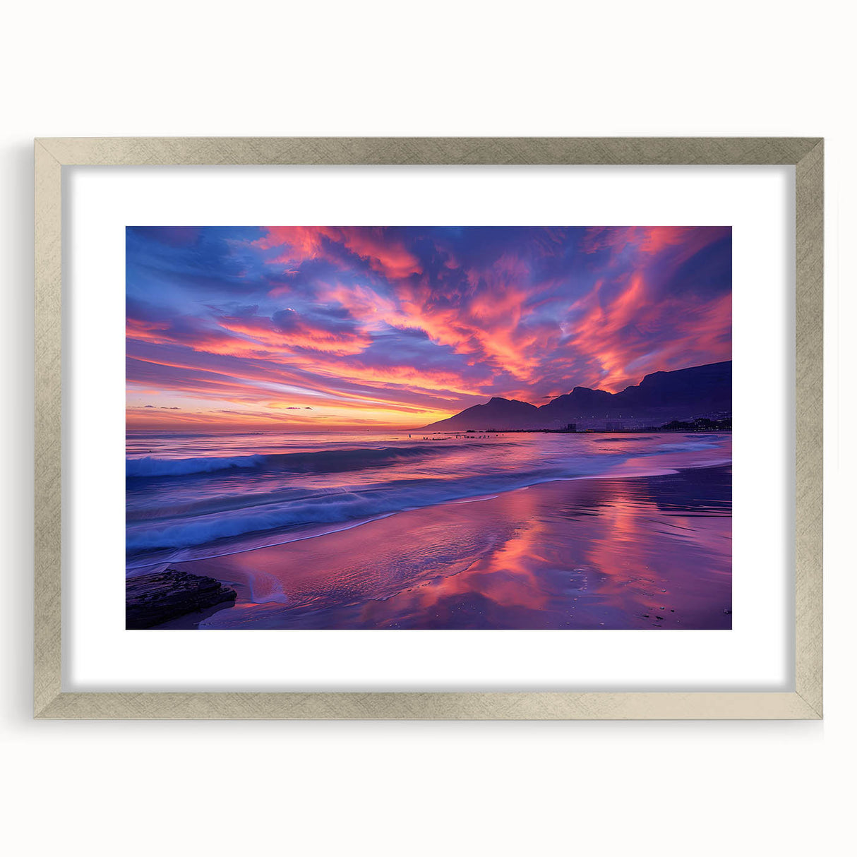Textured abstract art print of an African landscape in earthy tones, framed in silver, ideal for bedroom decor.