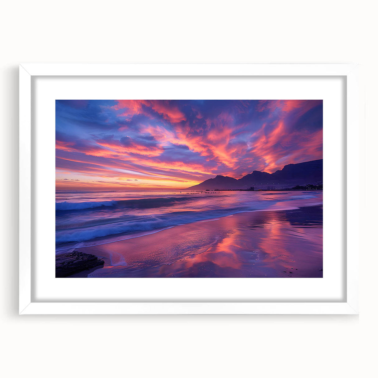 Abstract art print depicting a South African landscape in muted earth tones, framed in white, suitable for dining room decor.
