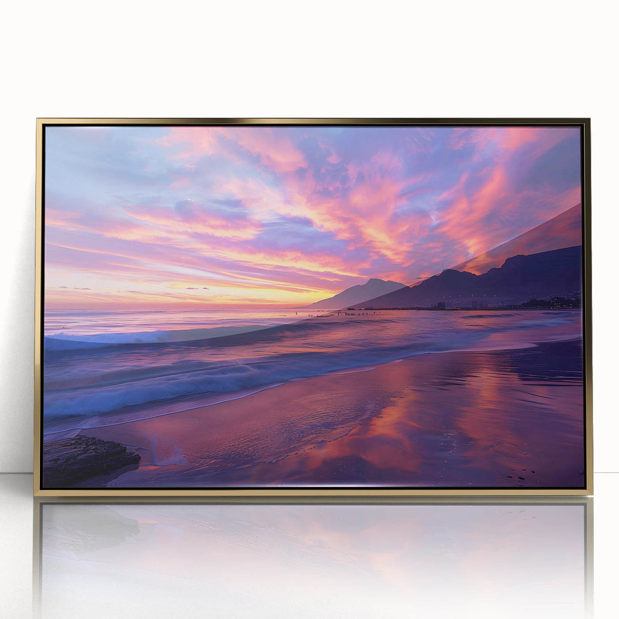 Large acrylic print depicting a South African scenery in mid-century modernist style with gold frame.