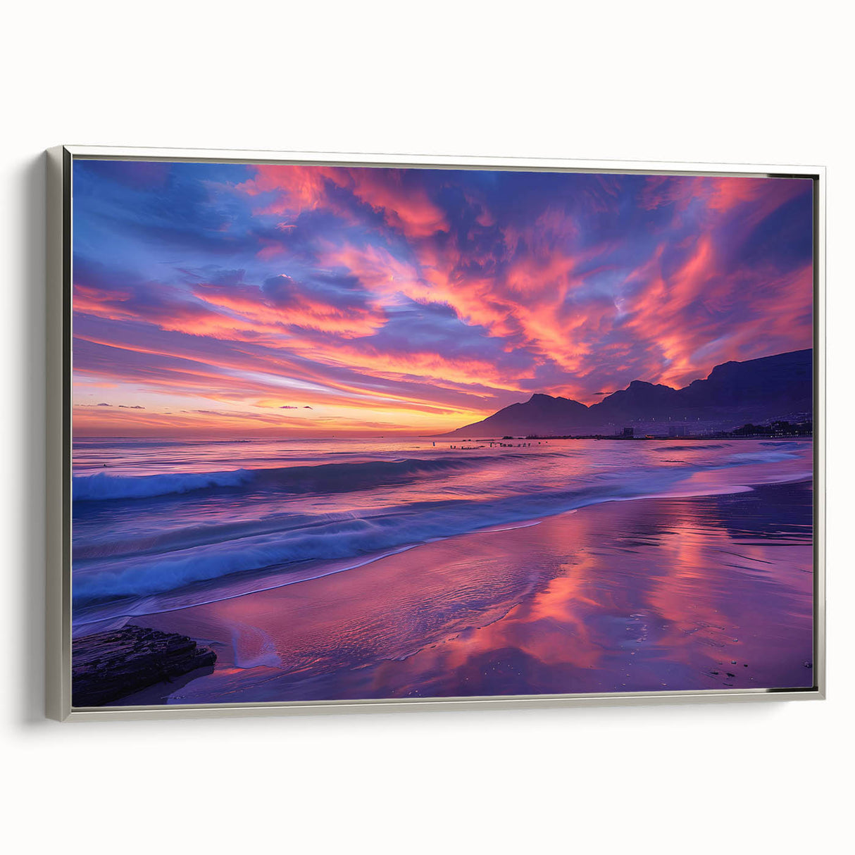 Framed canvas featuring a vintage-style landscape painting of a South African scenery in vibrant, colorful tones.