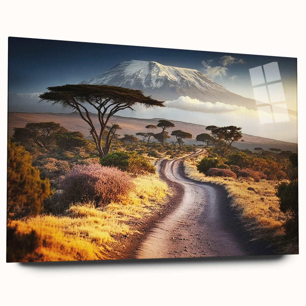 Large abstract wall art depicting a serene Tanzanian landscape in earthy tones on acrylic glass.