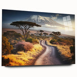 Large abstract wall art depicting a serene Tanzanian landscape in earthy tones on acrylic glass.