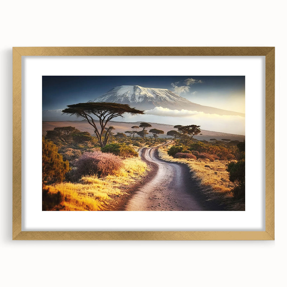 Abstract art print of Tanzania scenery in gold frame, featuring earthy tones, ideal for dining room decor.