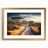 Abstract art print of Tanzania scenery in gold frame, featuring earthy tones, ideal for dining room decor.
