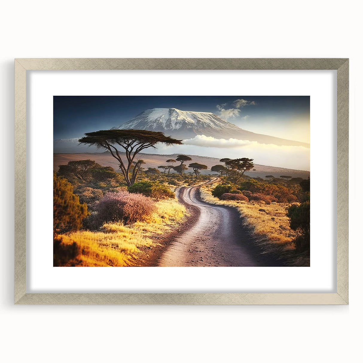 Extra large abstract art print of African scenery in muted earth tones on a textured canvas, framed in silver.