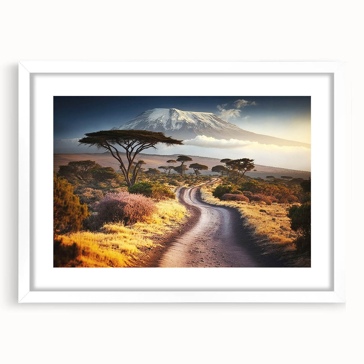 Textured abstract art print of African scenery in muted earth tones on a framed white mat, suitable for bedroom decor.