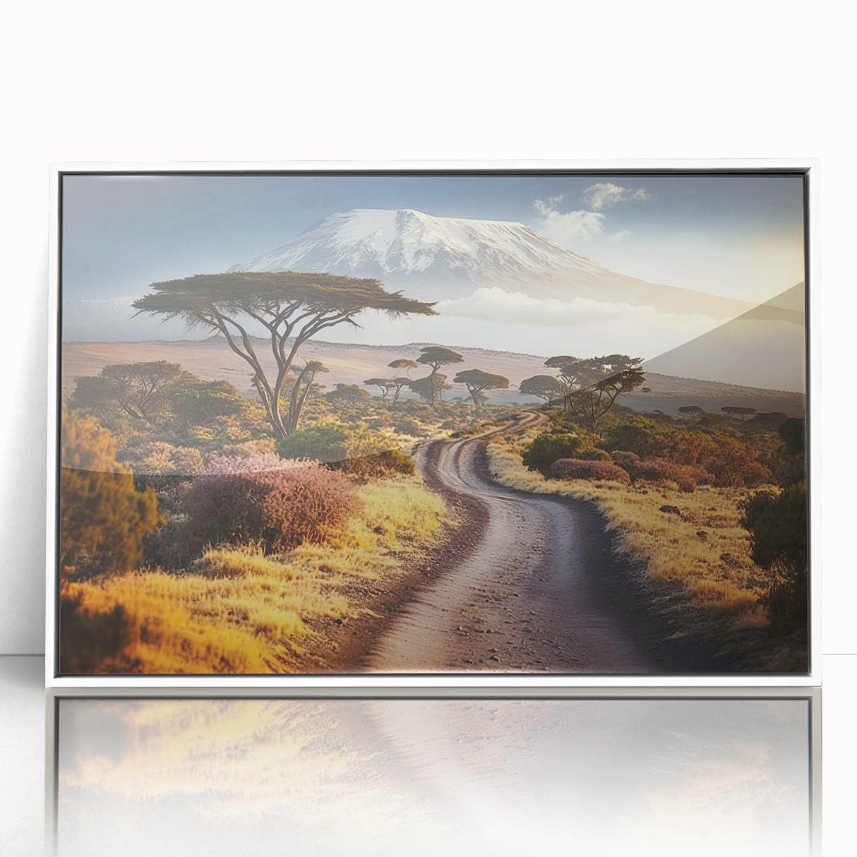 Acrylic print of a Tanzanian landscape featuring muted earth tones in an art deco style, ideal for modern art wall decor.