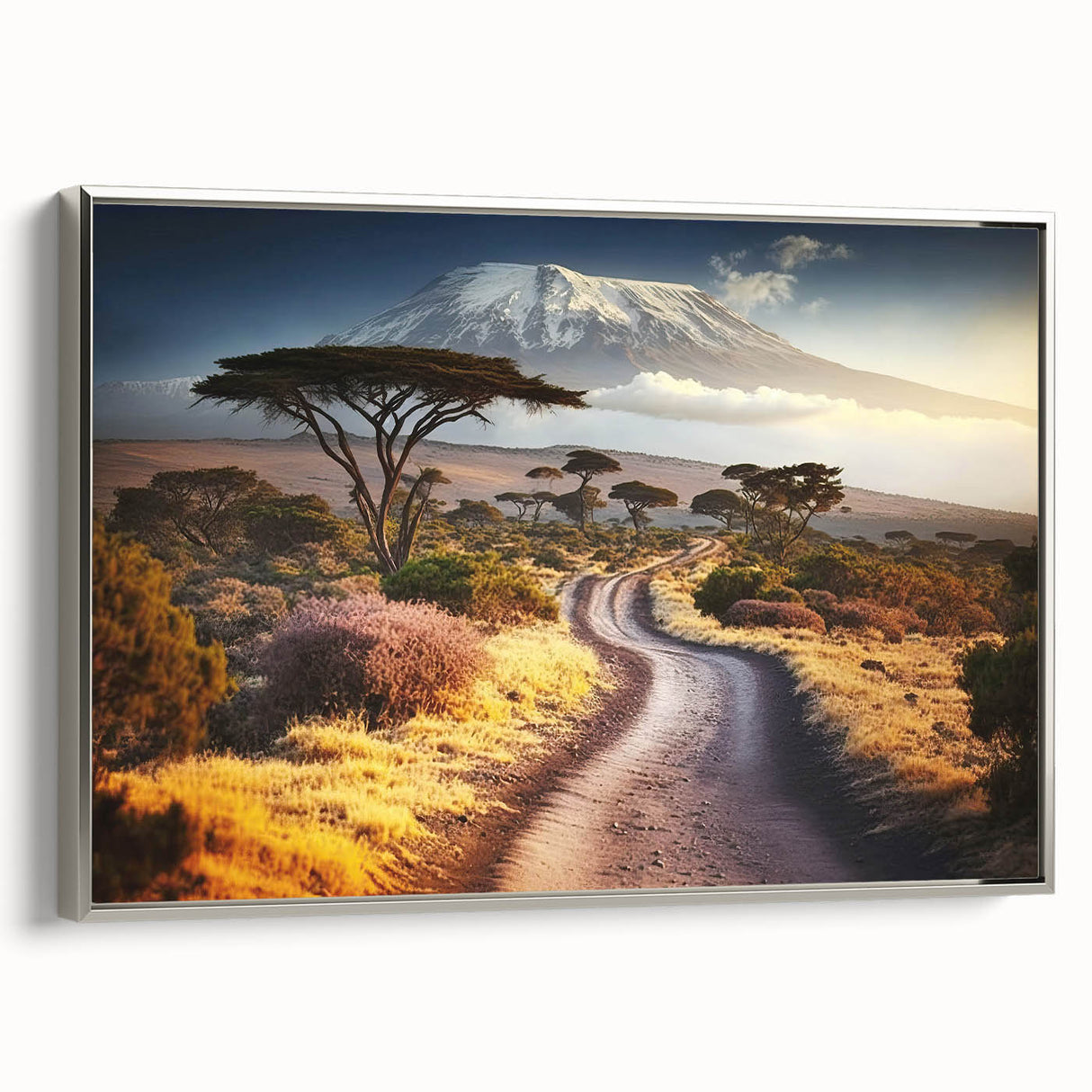 Framed canvas landscape art painting depicting a Tanzanian scenery in vibrant, colorful hues, ideal for living room decor.