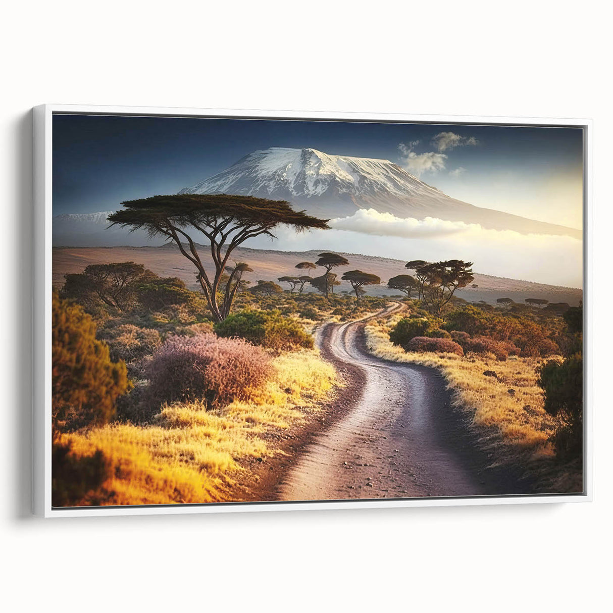 Vintage poster art of a Tanzania scenery on framed canvas, featuring colorful art in extra large size.