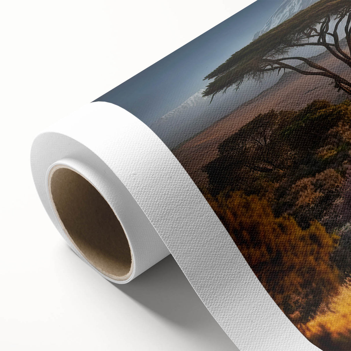Art deco poster of Tanzania scenery on rolled canvas in muted earth tones, ideal for nursery wall art.