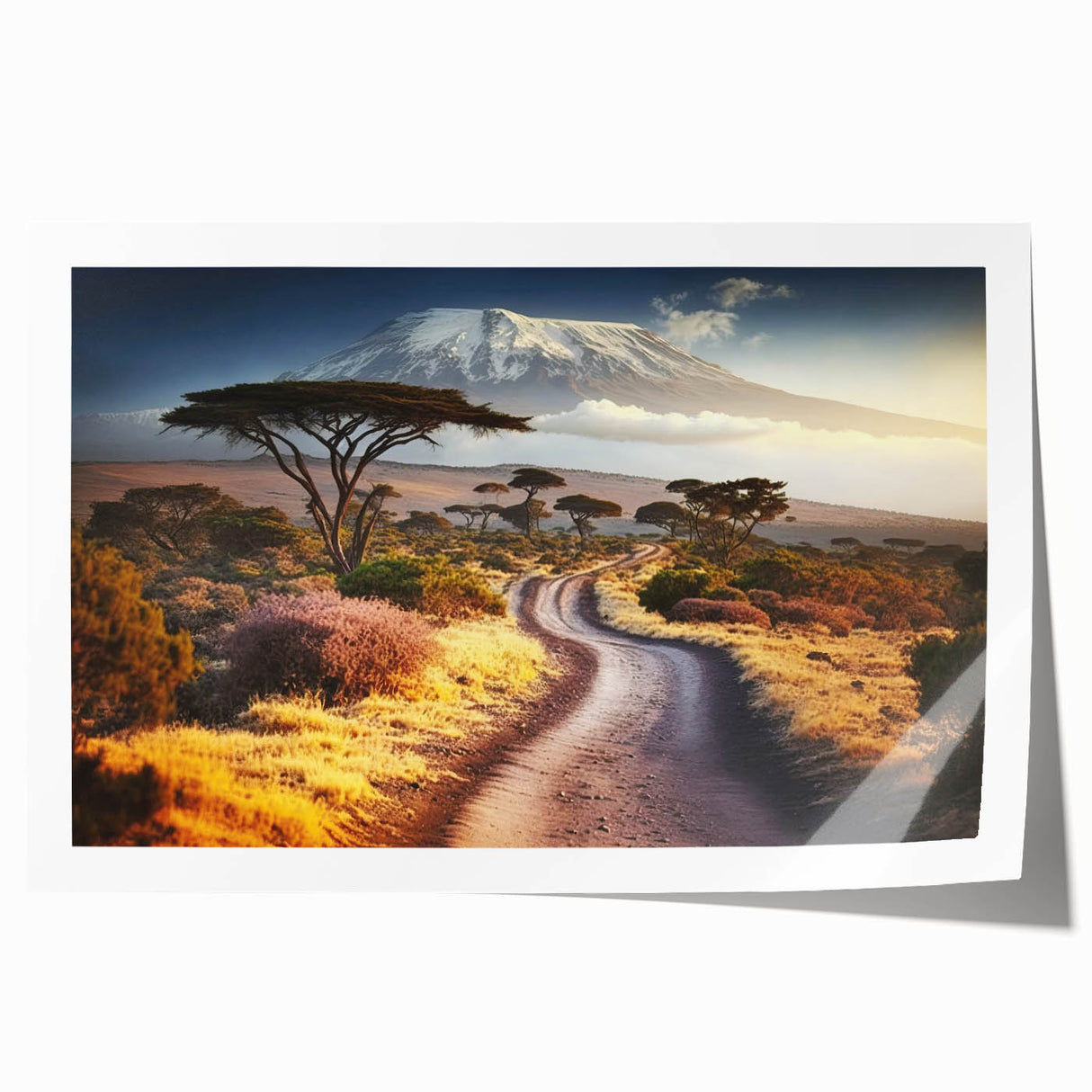Rolled print of Tanzanian scenery with vibrant green and earth tones, ideal for dining room wall art.