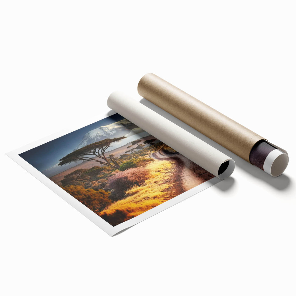 Extra large rolled print of a serene Tanzanian landscape with vivid greenery and soft sky tones.