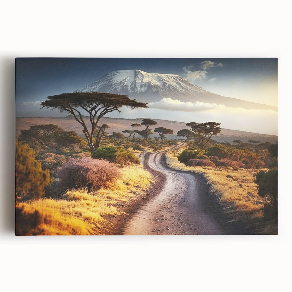 Large black and white print of African scenery on stretched canvas, ideal for kitchen wall art.