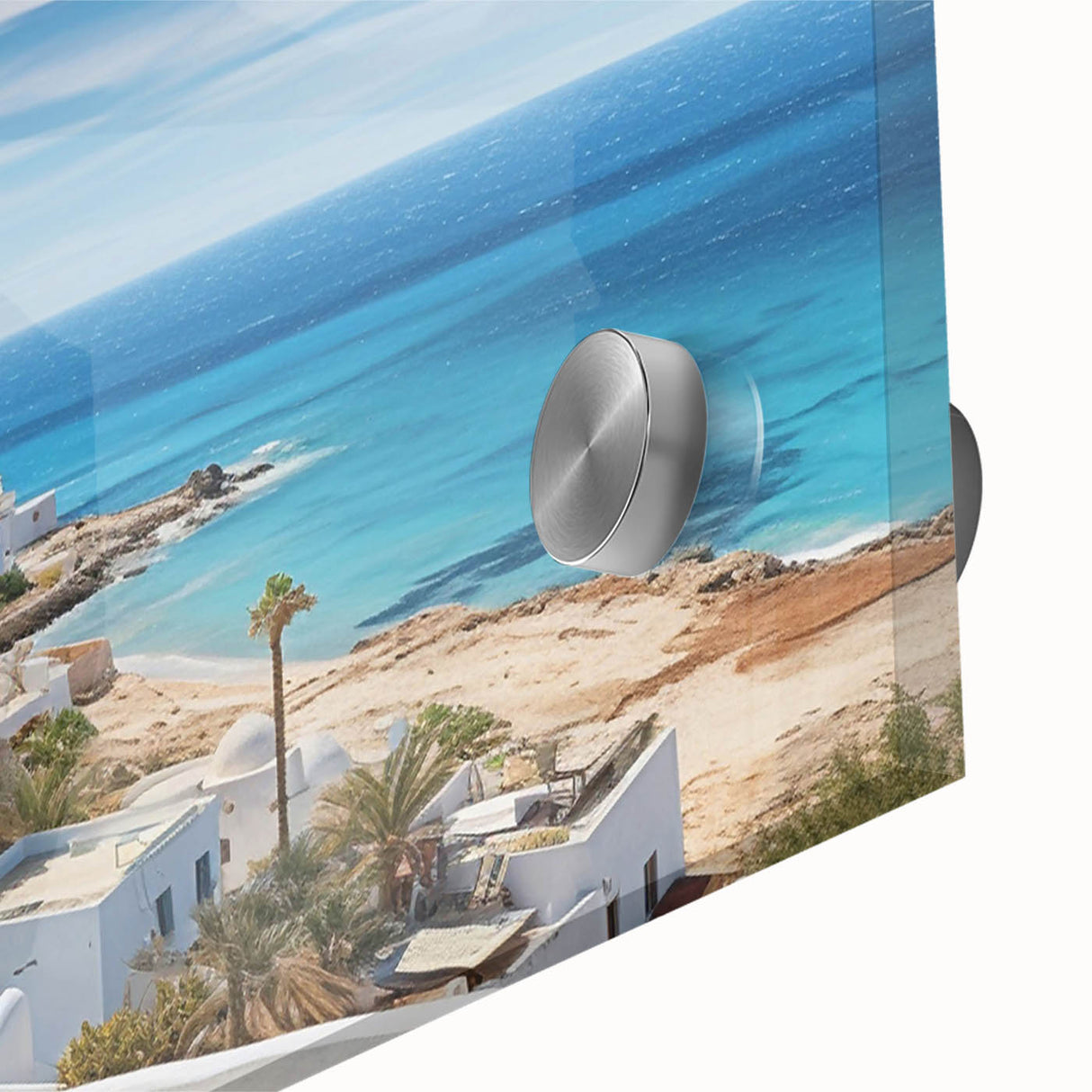 Large abstract wall art depicting a Tunisian landscape in muted earth tones on acrylic glass.