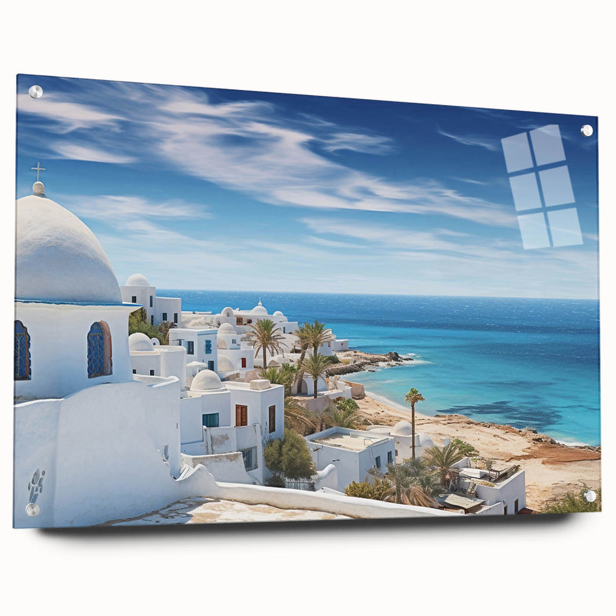 Acrylic print of a Tunisian landscape in muted earth tones, ideal for dining room decor.
