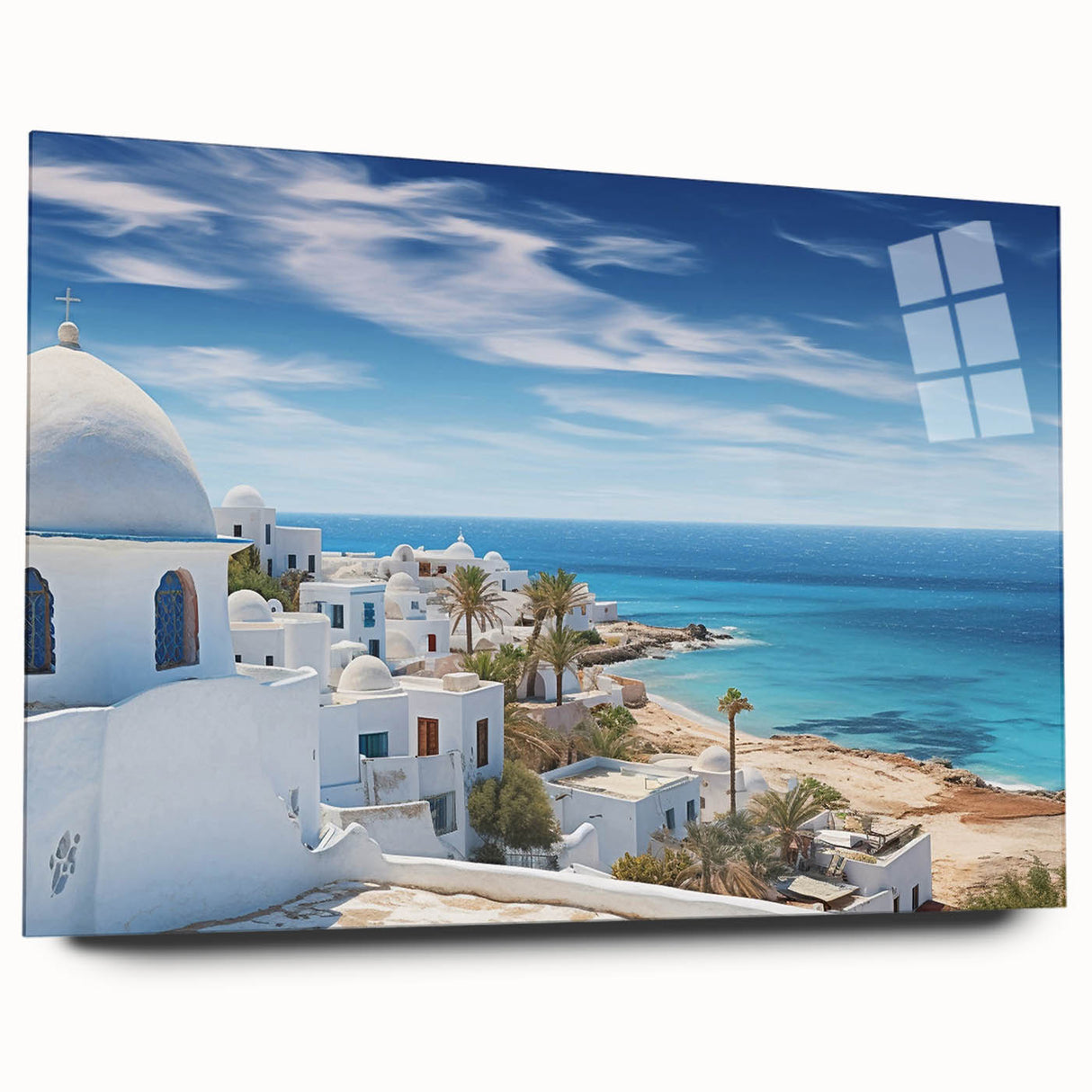 Large abstract wall art depicting a Tunisian landscape in muted earth tones on acrylic glass.