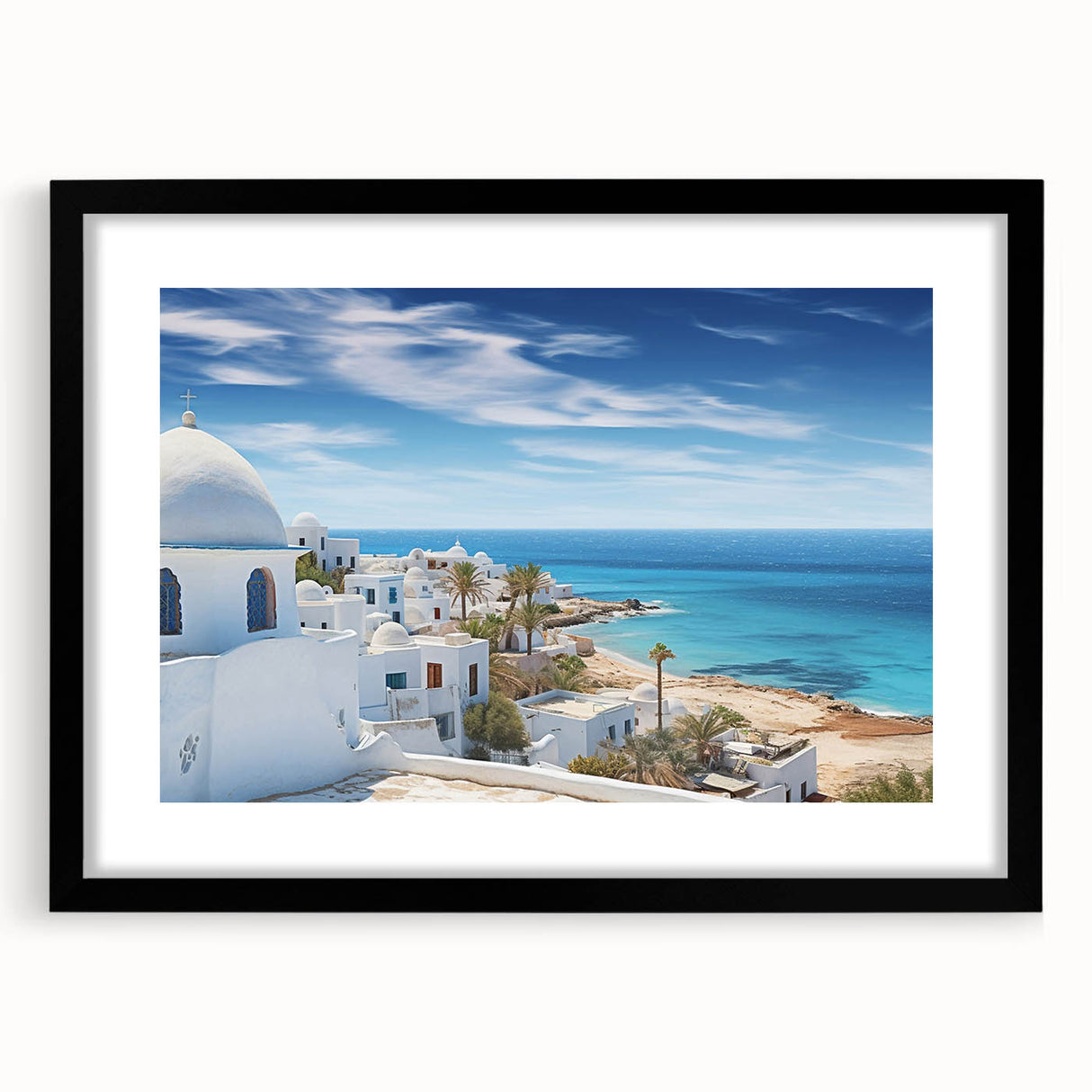 Extra large abstract art print featuring a colorful, textured depiction of a Tunisian landscape on a black-framed canvas.