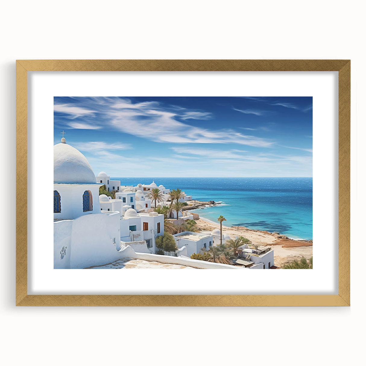 Extra large abstract art print depicting textured scenery of Tunisia in muted earth tones, framed in gold.