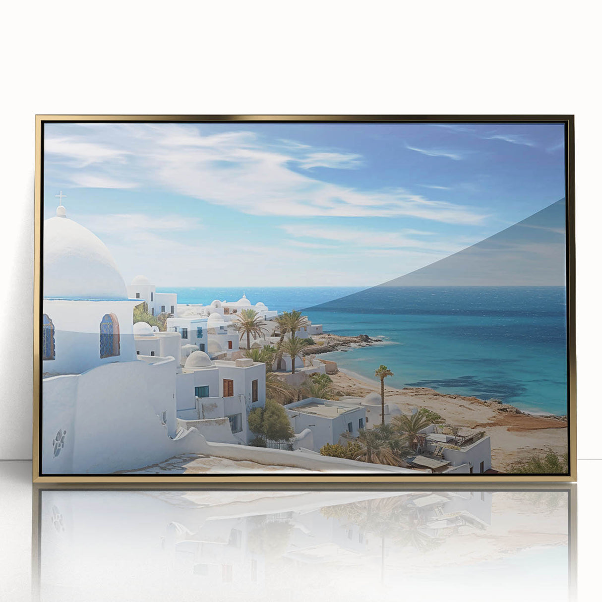 Mid-century modernist acrylic print of a Tunisian landscape in gold tones, ideal for modern art wall decor.