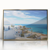 Mid-century modernist acrylic print of a Tunisian landscape in gold tones, ideal for modern art wall decor.