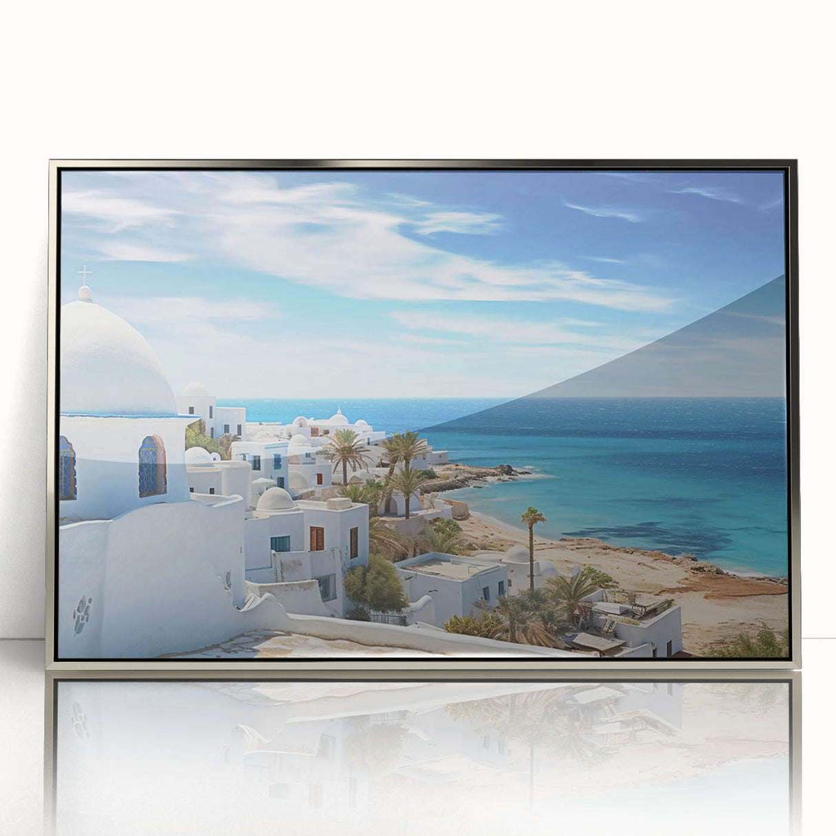 Mid-century modernist art depicting a Tunisian landscape in muted earth tones on a framed acrylic print.