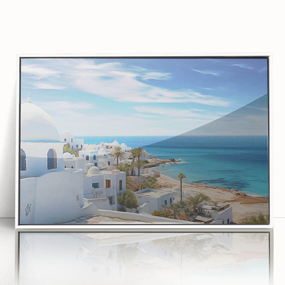 Acrylic print of a Tunisian landscape in muted earth tones, framed in white, suitable for modern art wall decor.