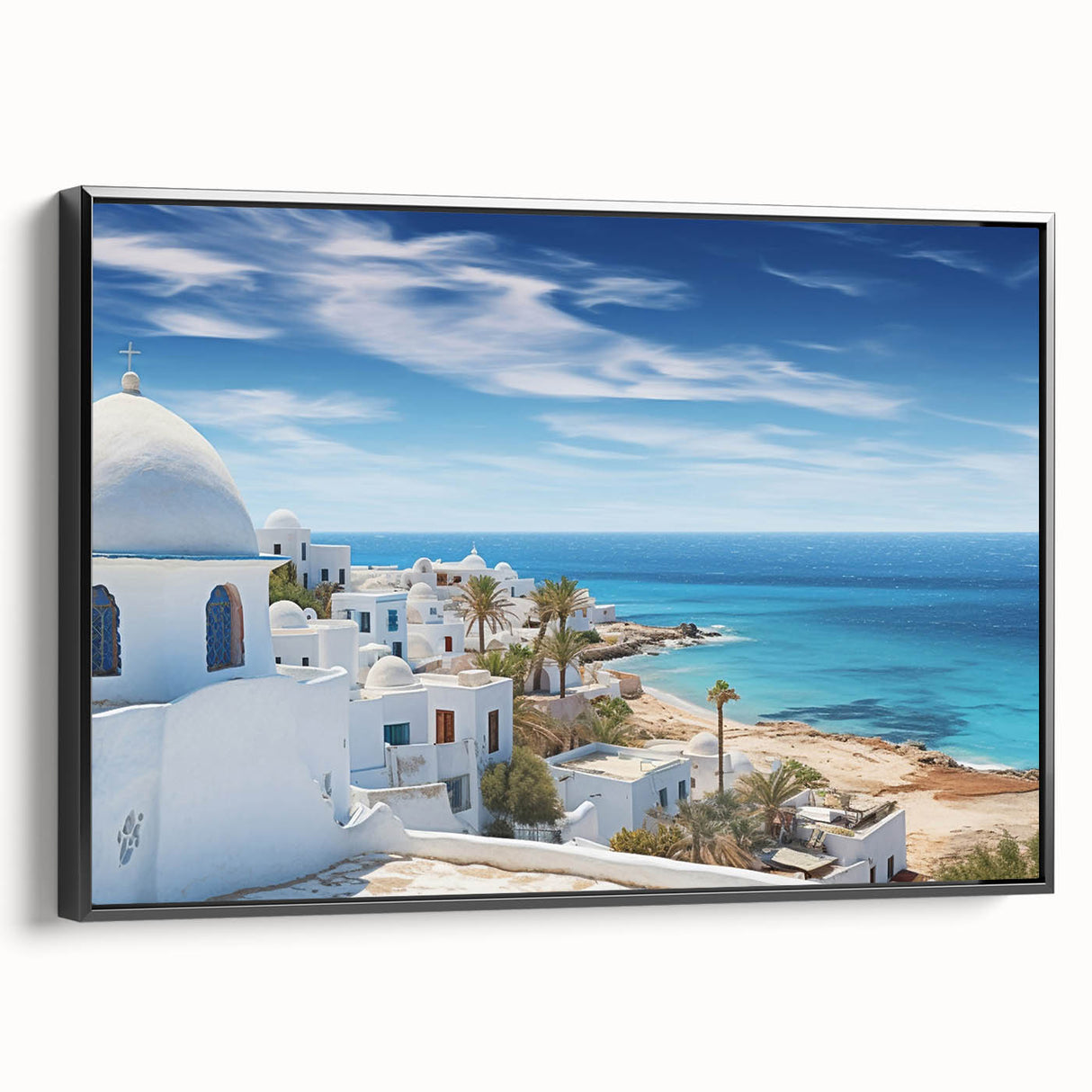 Black and white landscape art painting of Tunisian scenery on a framed canvas, ideal for bedroom wall decor.