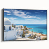 Black and white landscape art painting of Tunisian scenery on a framed canvas, ideal for bedroom wall decor.