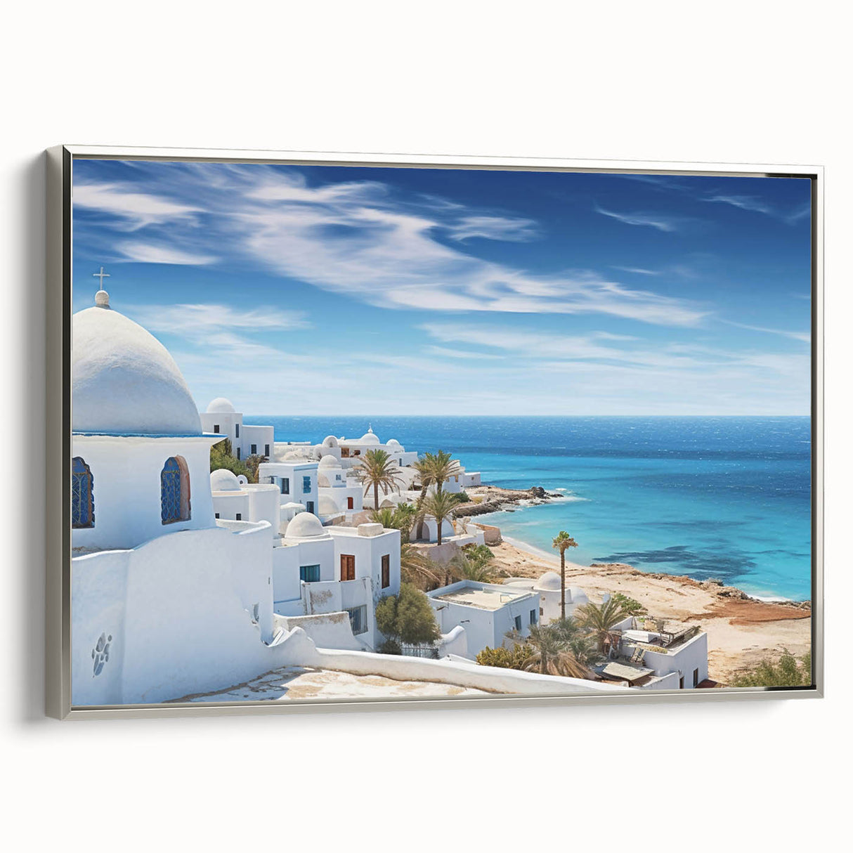 Landscape art painting of a Tunisian scenery in vibrant colors on framed canvas, ideal for living room decor.
