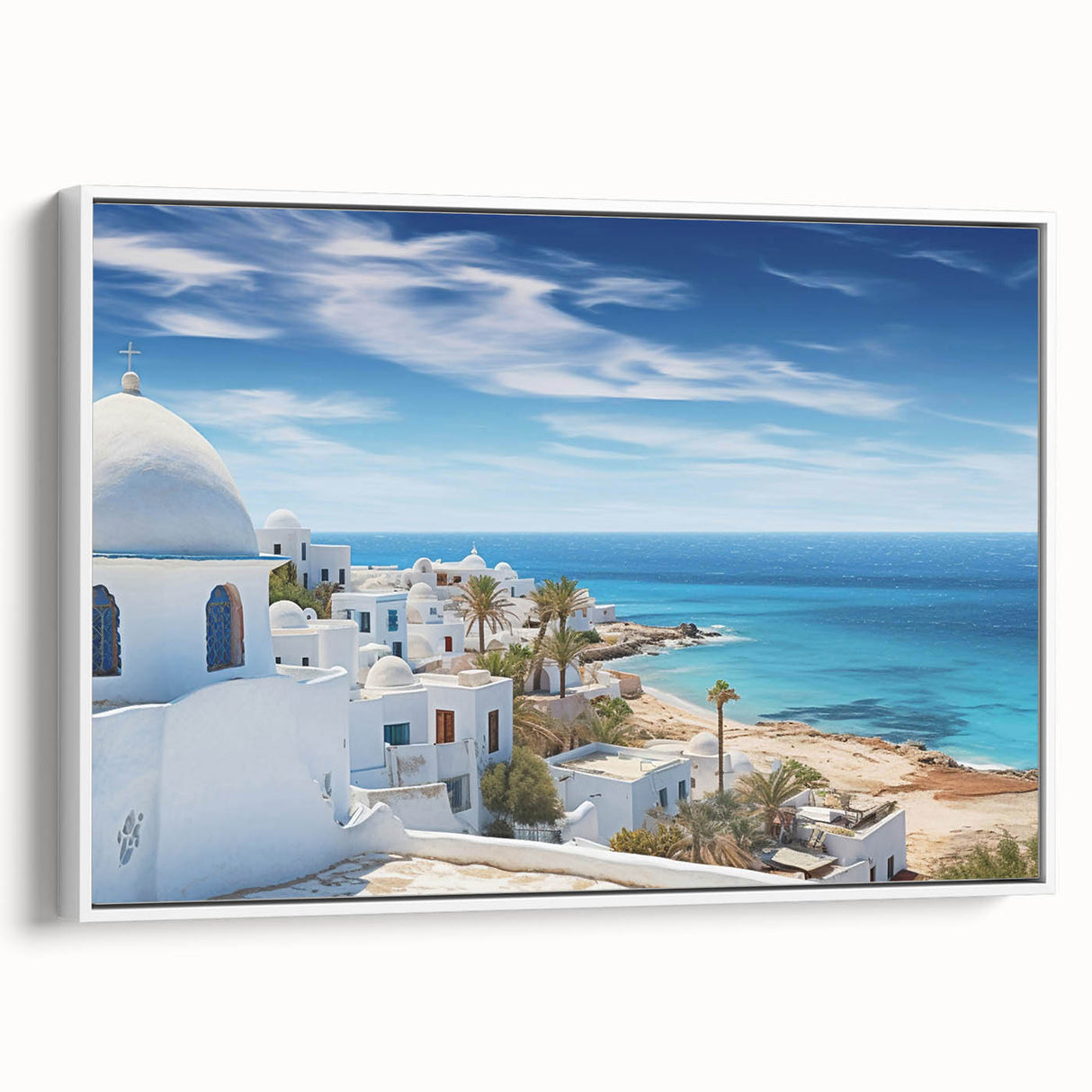 Vintage poster art of a Tunisian landscape on framed canvas, featuring vibrant colors, ideal for living room decor.