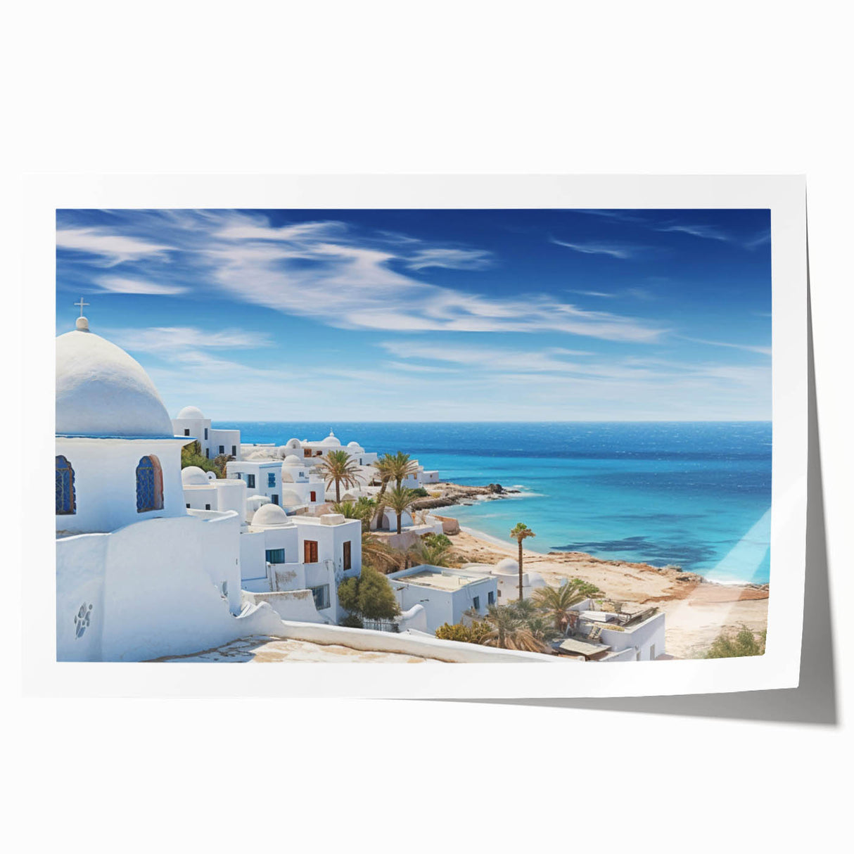 Extra large rolled print of a Tunisian landscape with vibrant floral elements, ideal for art wall dining room decor.