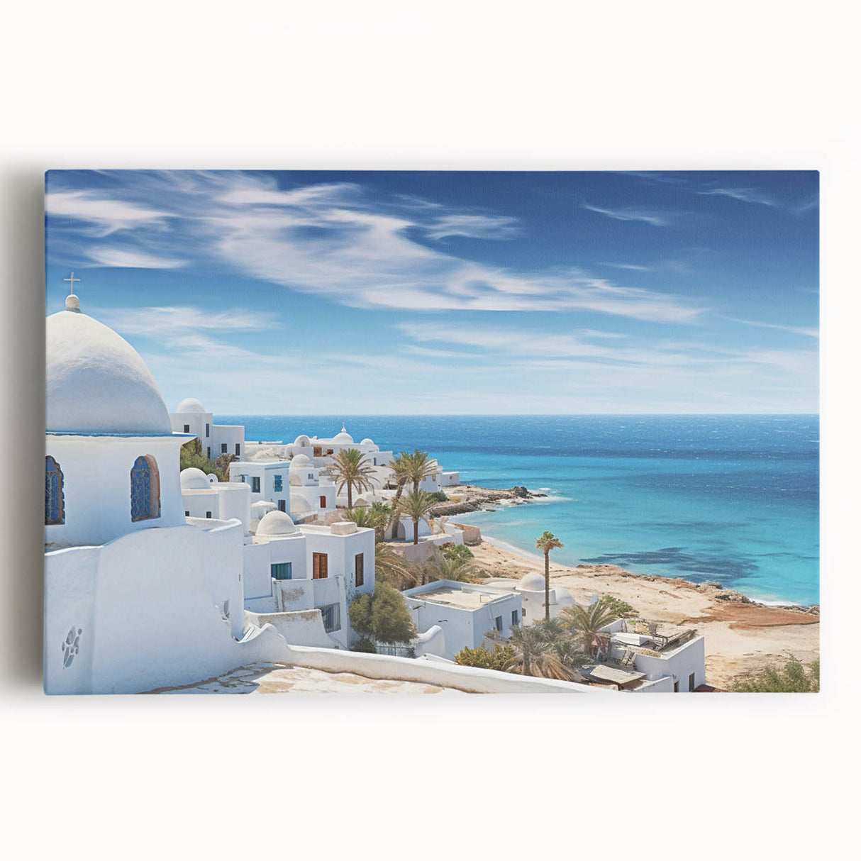 Black and white stretched canvas featuring a Tunisian landscape, ideal for kitchen wall art or bedroom decor.