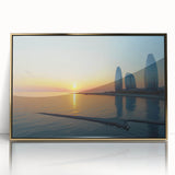 Framed acrylic print of a mid-century modernist Asian scenery in gold and earth tones, suitable for modern art wall decor.