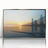 Mid-century modernist acrylic print of an Asian landscape in muted earth tones, framed in silver.