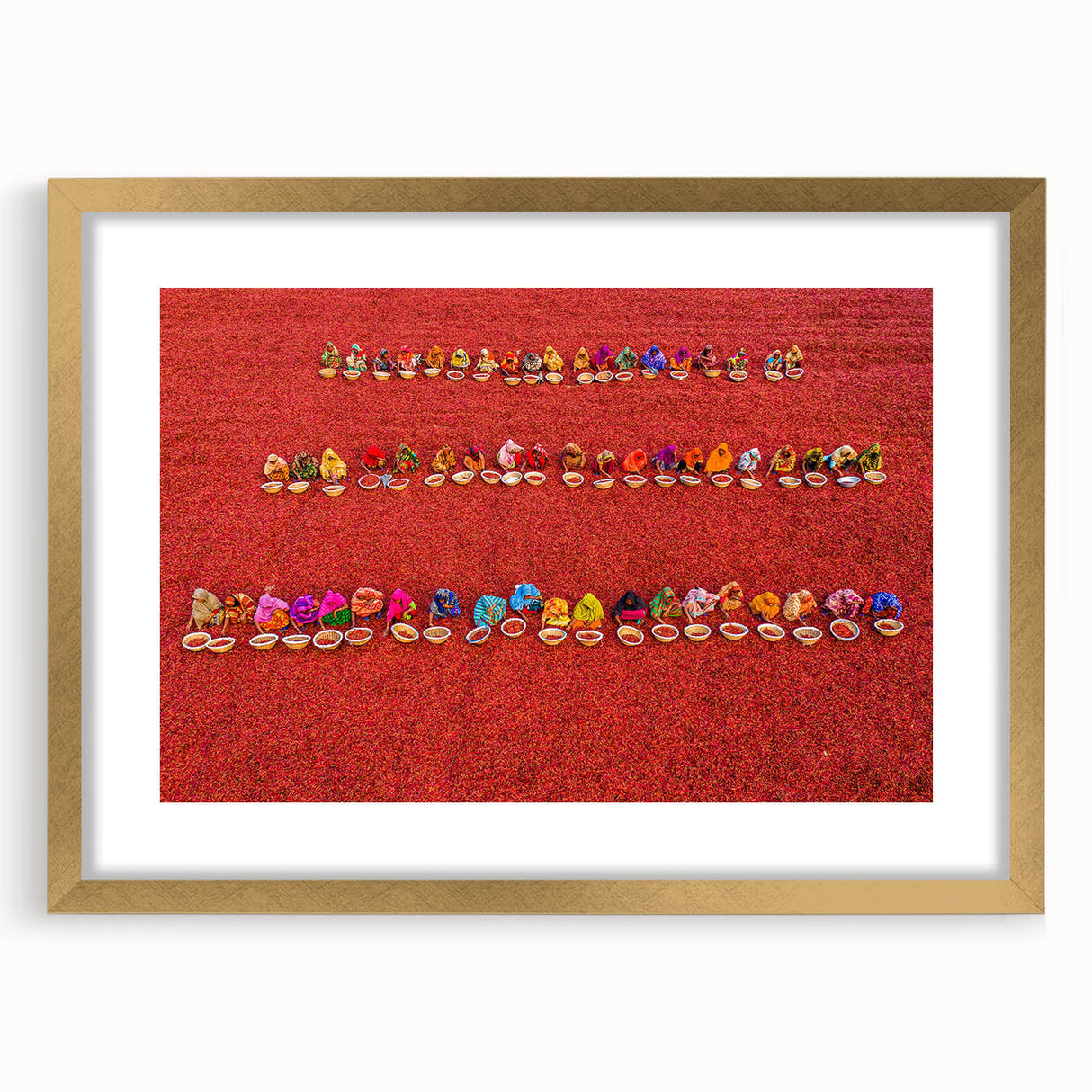 Extra large textured abstract art print depicting a serene Asian landscape in soft earth tones, framed in gold.