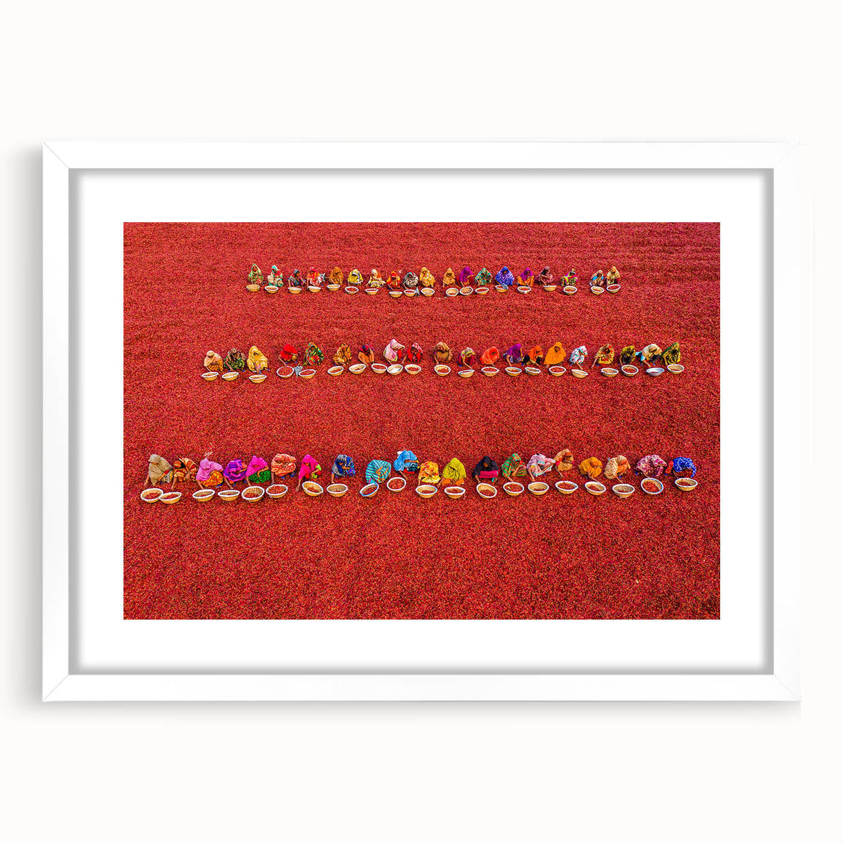 Abstract art print of a Bangladesh scenery in muted green and blue tones on a white framed mat.