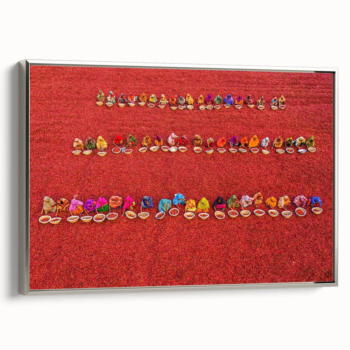 Framed canvas of a vintage-style landscape painting depicting a colorful Asian scenery, ideal for enhancing black wall art.
