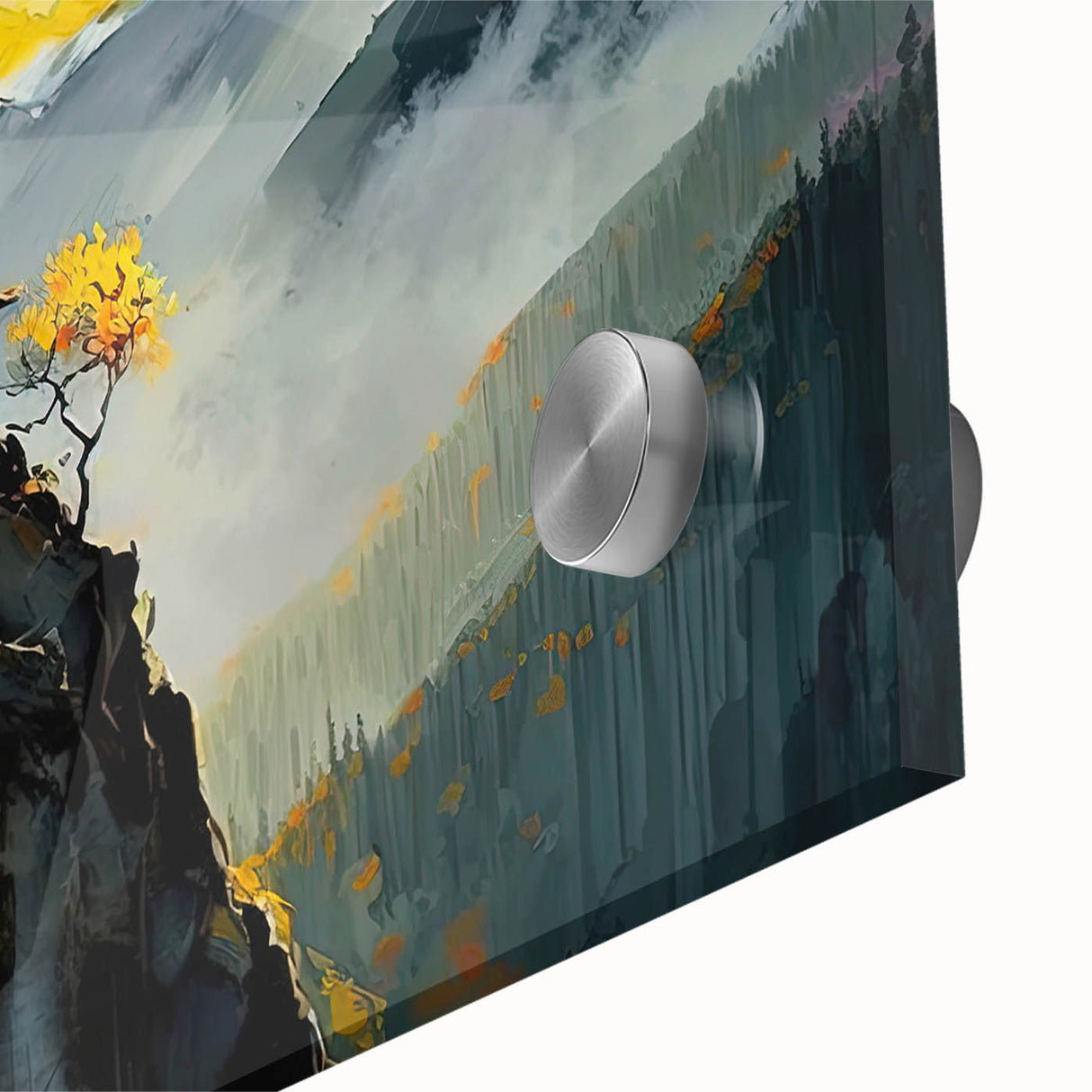 Large abstract wall art of a Bhutanese landscape in muted earth tones on acrylic glass, ideal for dining room art.