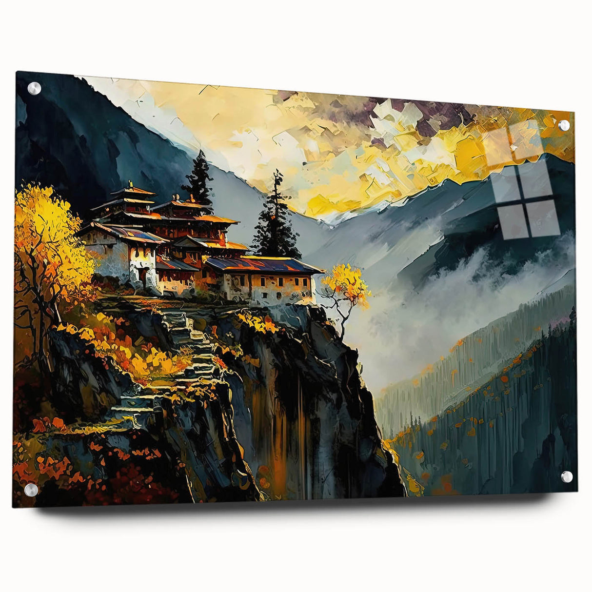 Acrylic print of a Bhutanese landscape in muted earth tones, ideal for dining room decor.