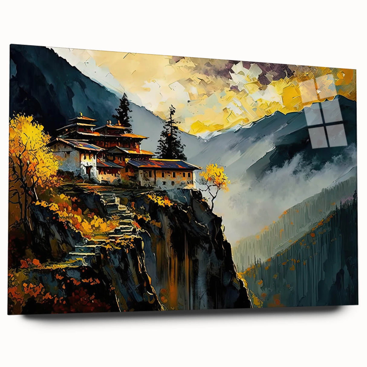 Acrylic print of a large abstract scenery in Bhutan, in muted earth tones, ideal for bedroom or dining room art.