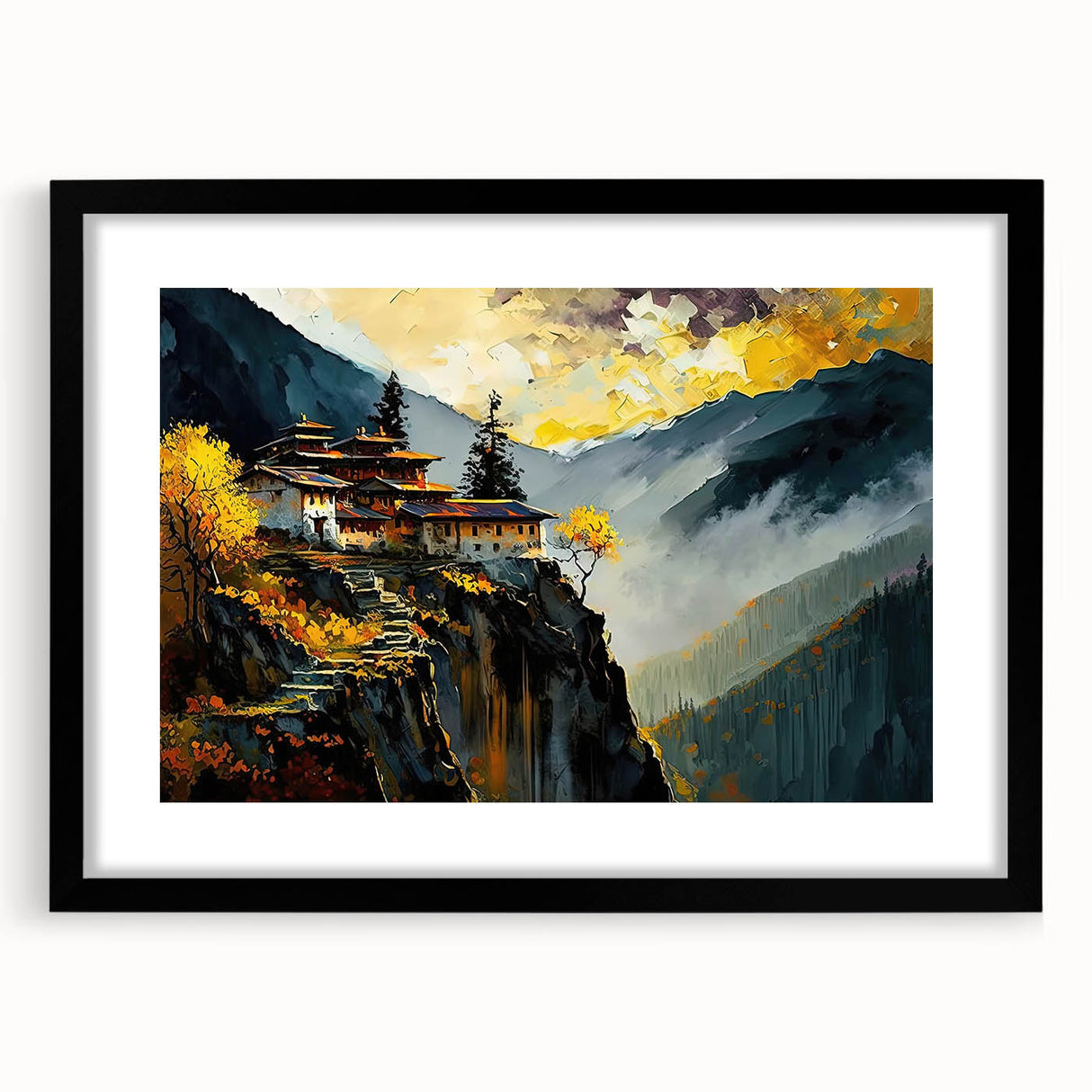 Extra large, textured abstract art print featuring colorful, swirling patterns, framed in black, ideal for living room decor.