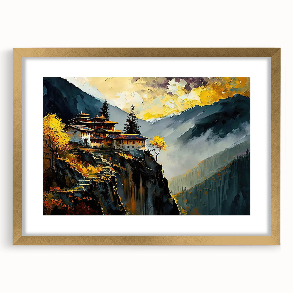 Extra large abstract art print of Bhutan scenery in gold frame, featuring textured brush strokes.