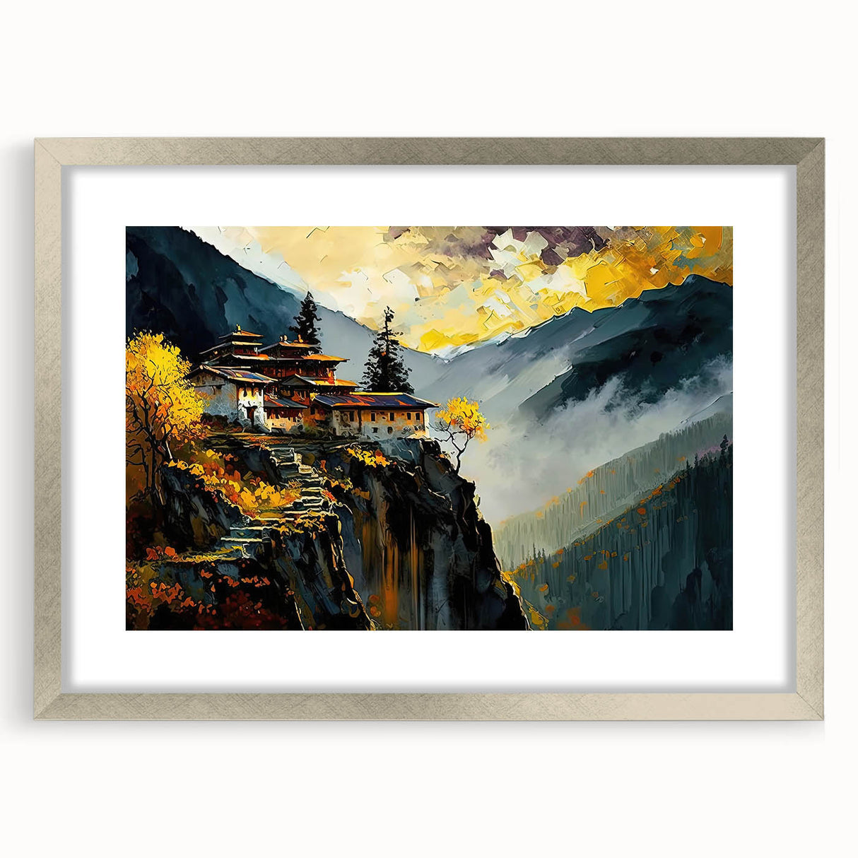 Textured abstract art print depicting a serene Bhutanese landscape in muted earth tones, framed in silver.