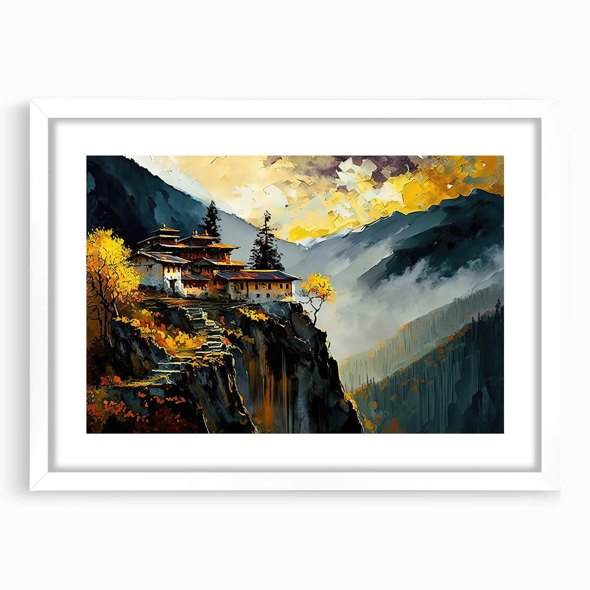 Abstract art print of Bhutan scenery in muted earth tones on a white framed mat, suitable for dining room decor.
