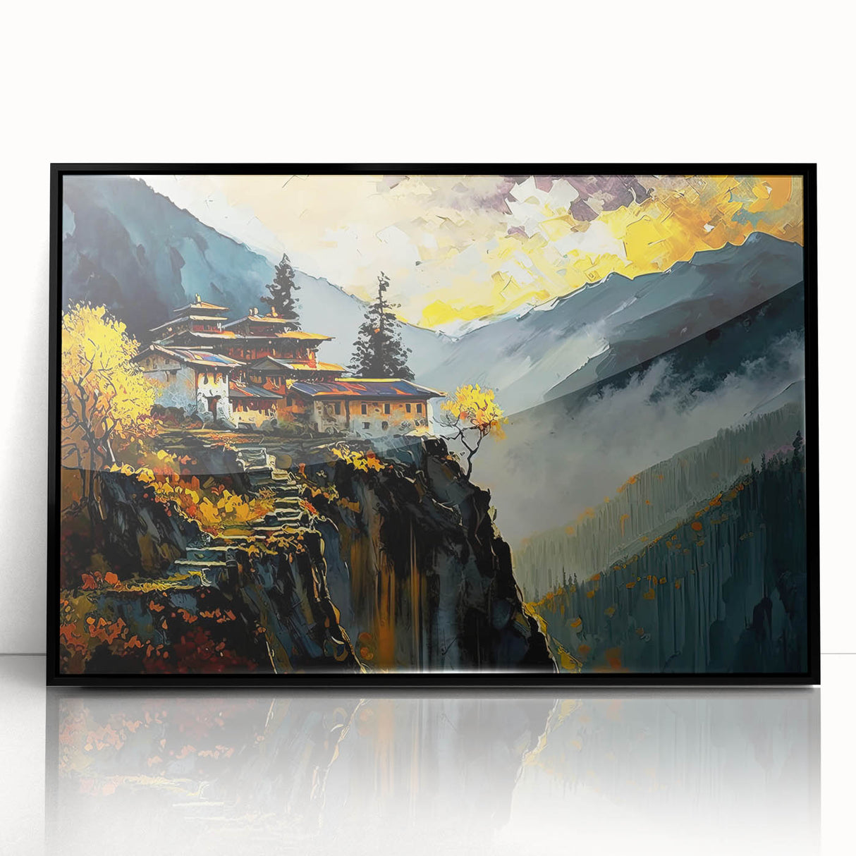 Large abstract wall art depicting the Bhutanese landscape in muted earth tones, framed in black acrylic.
