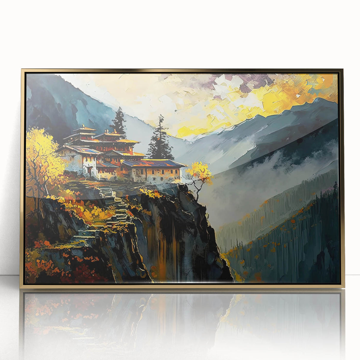Framed acrylic print of a Bhutanese landscape in muted earth tones, ideal for modern art wall decor.