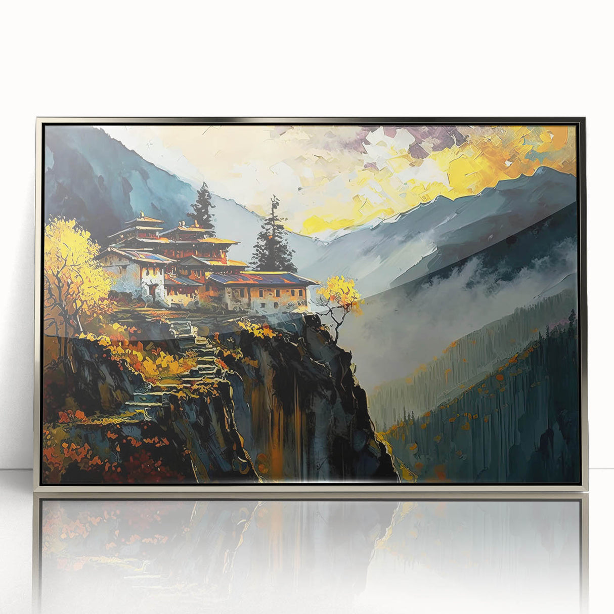 Mid-century modernist art depicting Bhutanese landscape in muted earth tones on a silver-framed acrylic print.